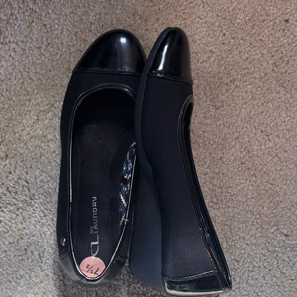 CL by Laundry Black Faux Patent Faux Leather & Fabric Wedge Shoes-Size 7.5
